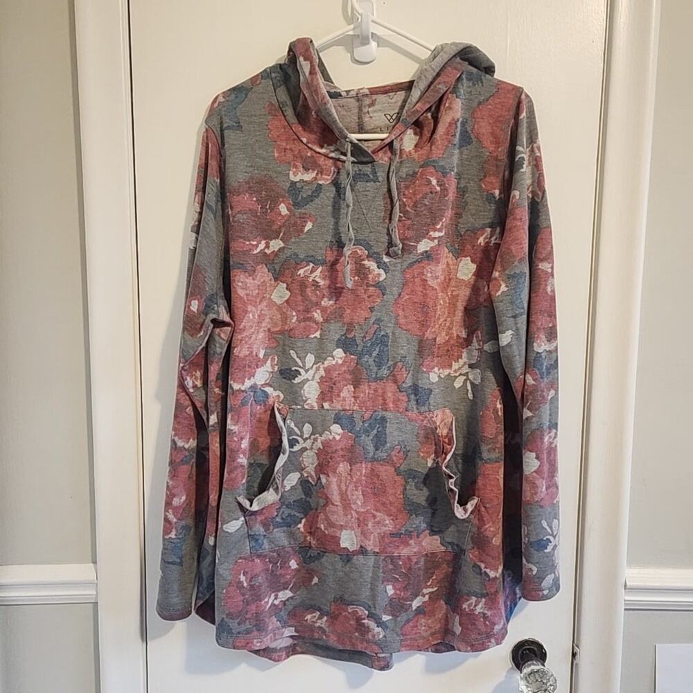 Lane Bryant LIVI Active Size 14/16 Red And Gray Floral Hoodie Drawstring Pockets